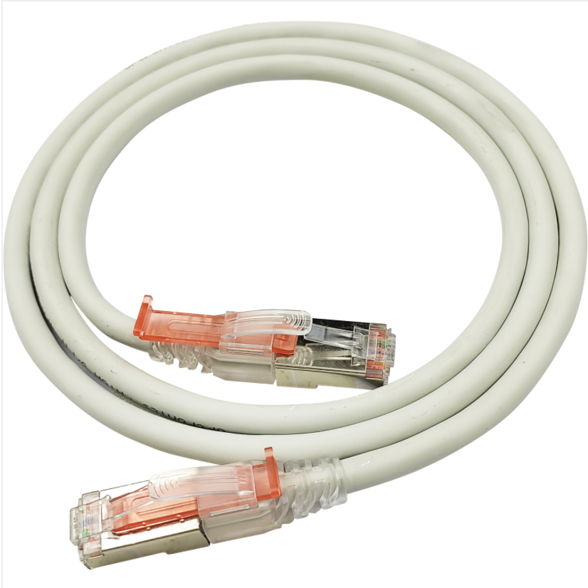 White Ethernet cable with clear connectors on a white background