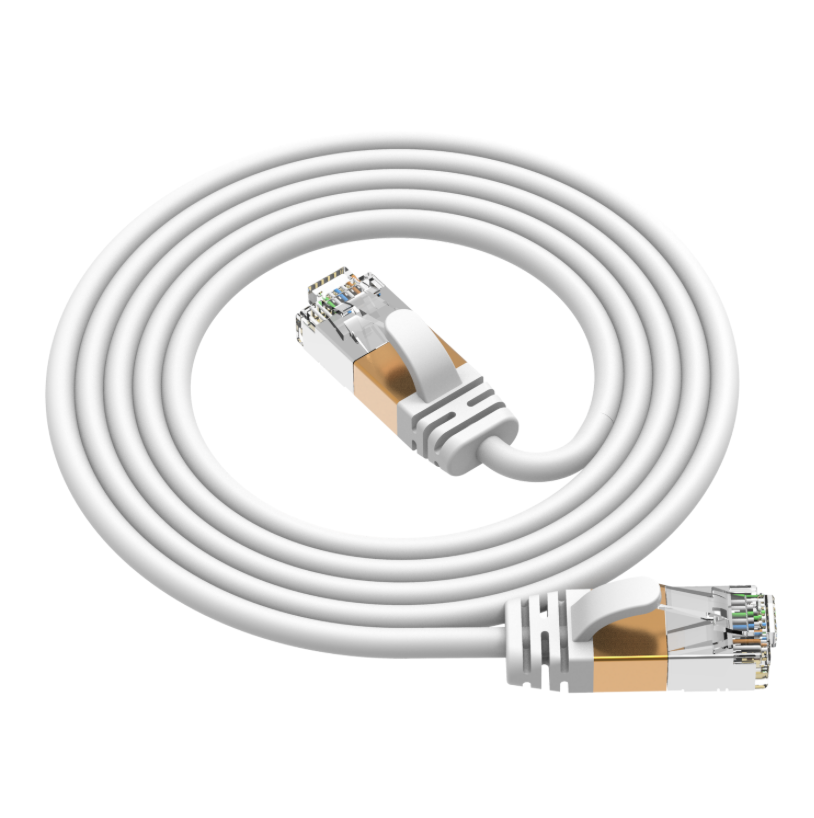 White Ethernet cable with gold connectors on a white background