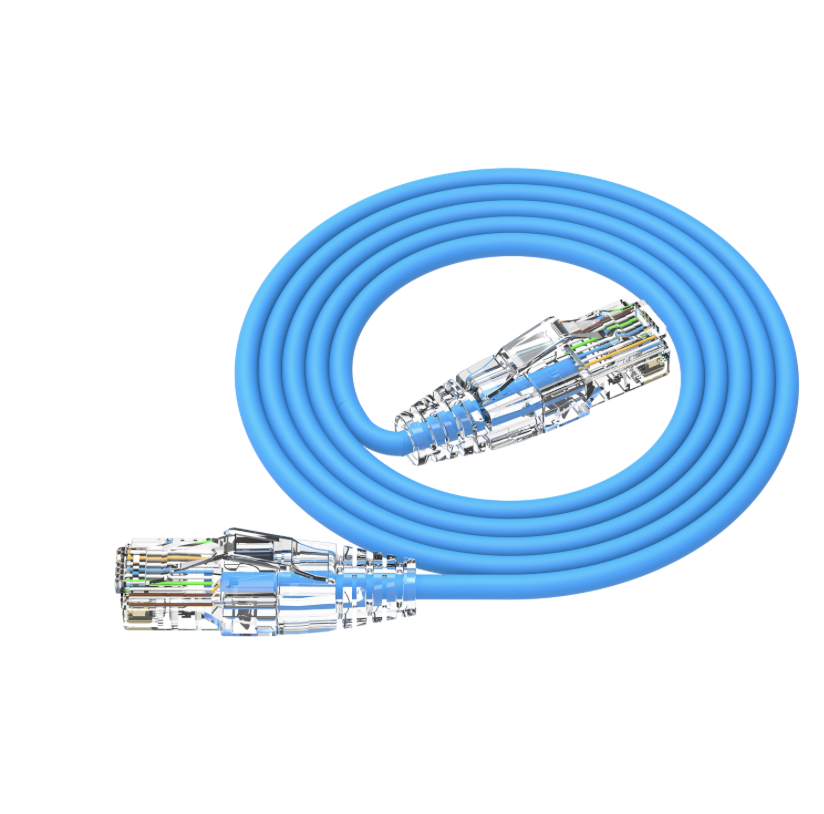 Blue Ethernet cable with clear jacket on a white background
