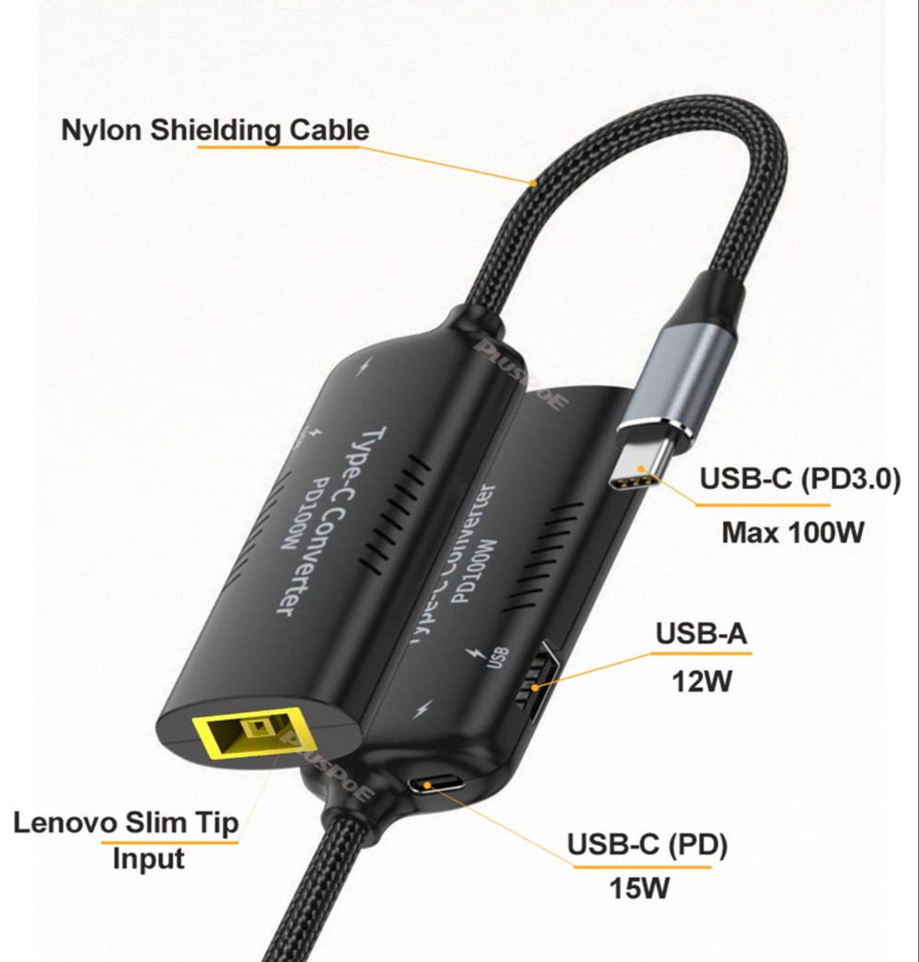 Square Slim Tip power input to USB C PD 100W 5A charging converter adapter with short USB C lead