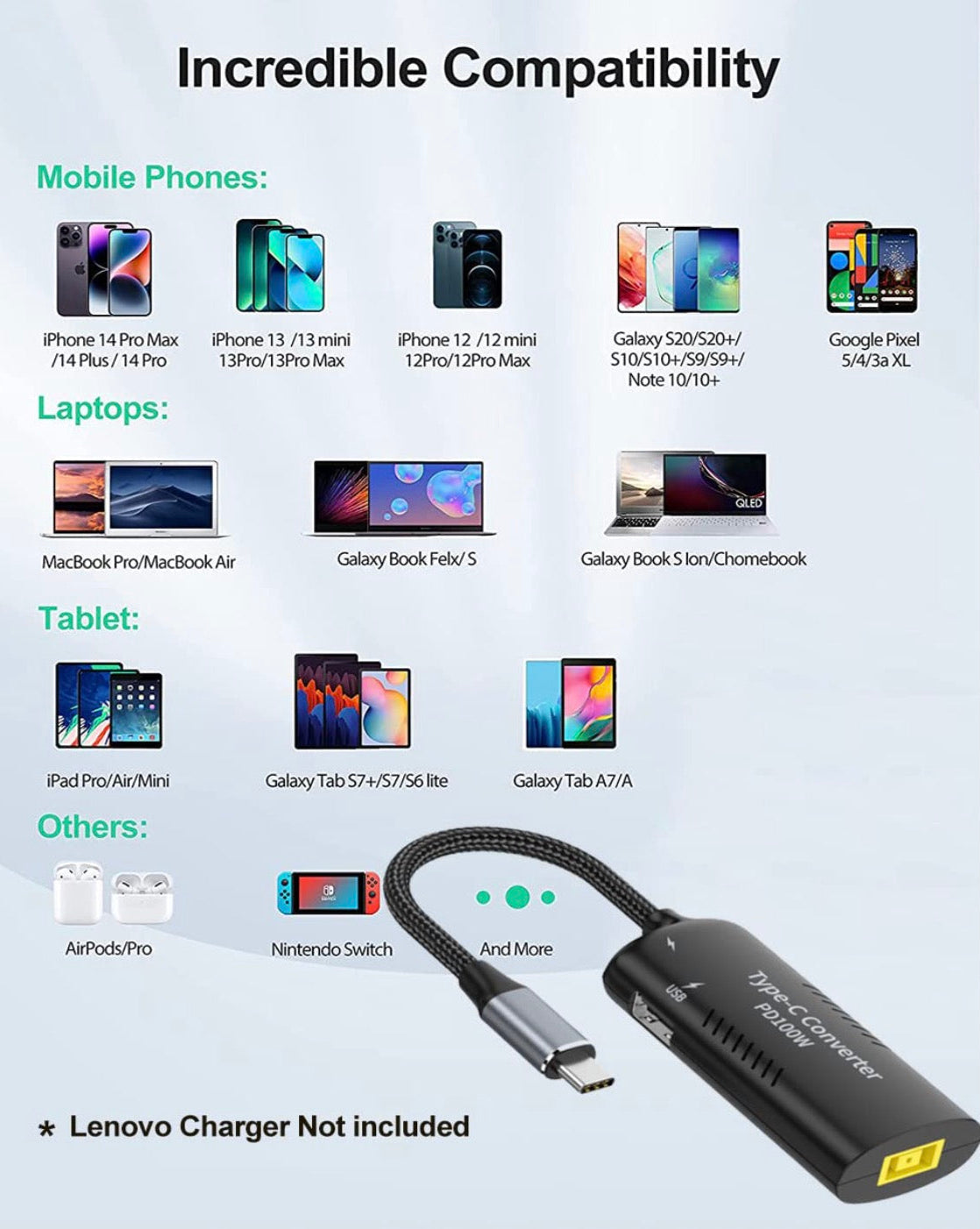 Square Slim Tip power input to USB C PD 100W 5A charging converter adapter with short USB C lead