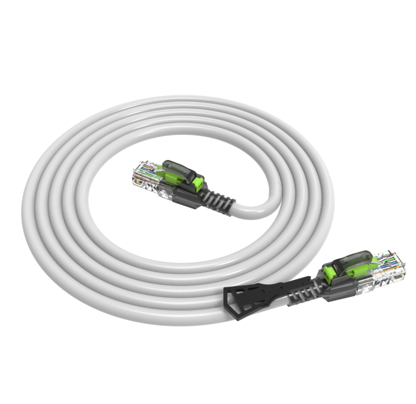 White Ethernet cable with green connectors on a white background