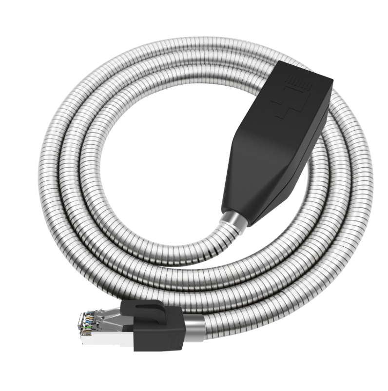 Steel-armored PUR-jacket CAT6A extension cable showing shielded RJ45 connector and flexible armored jacket