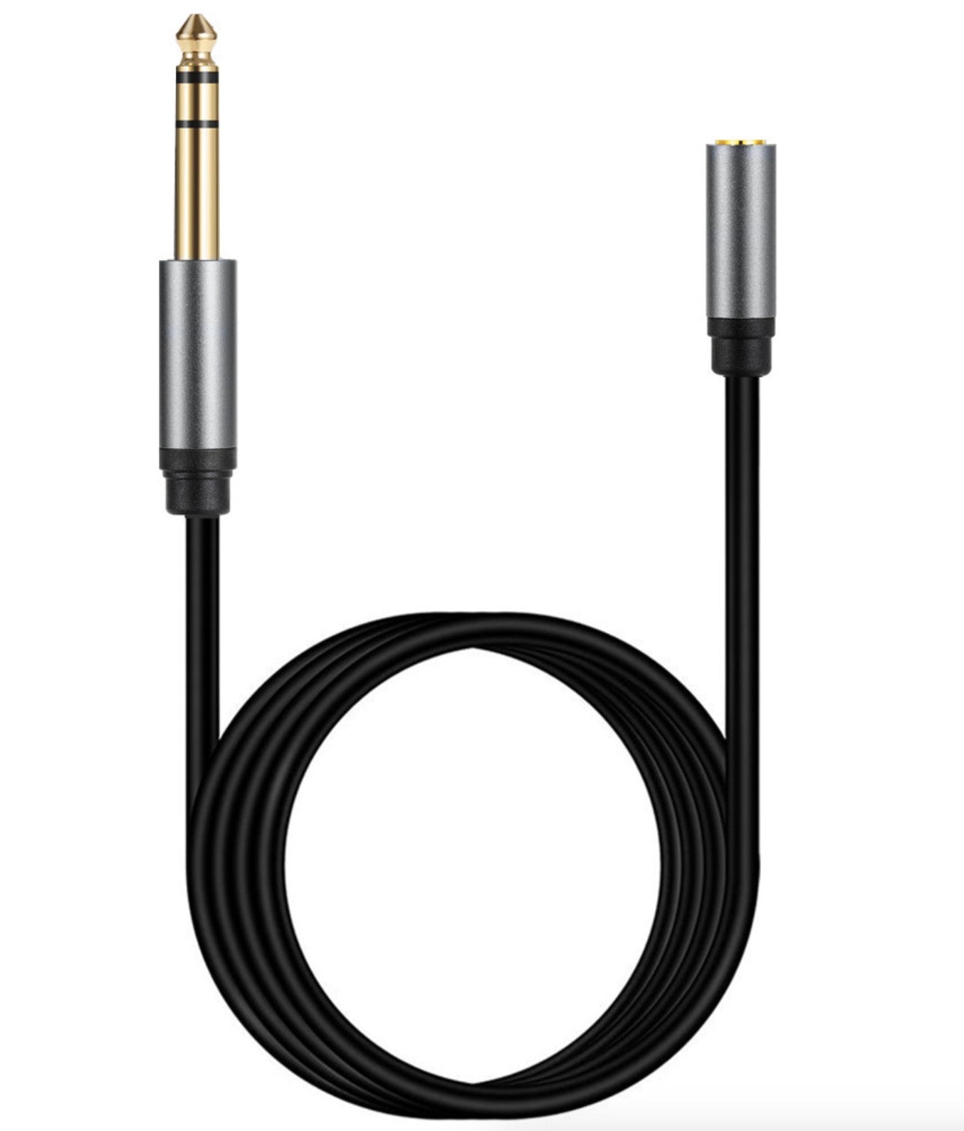A black stereo jack audio extension cable with a 6.35mm male connector on one end and a 3.5mm female connector on the other.
