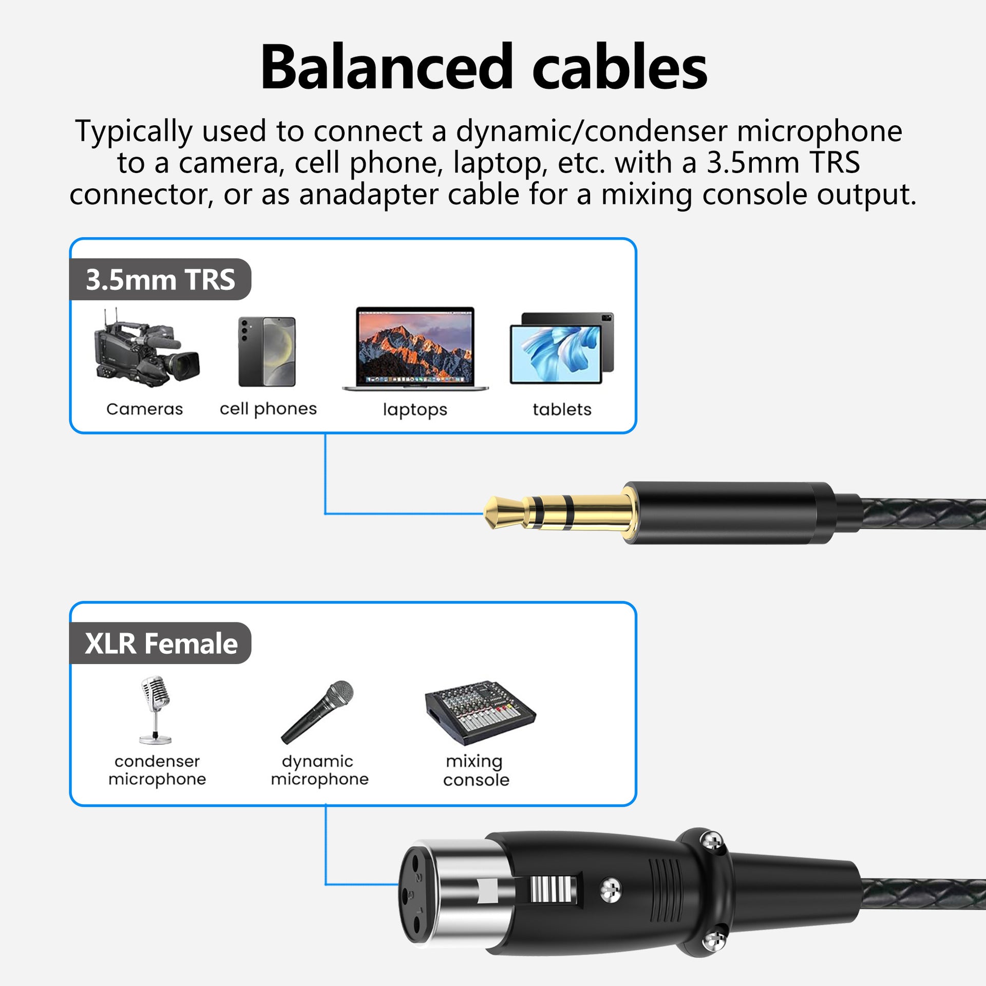 Balanced cable with 3.5mm TRS and XLR female connectors, used for audio equipment connections.