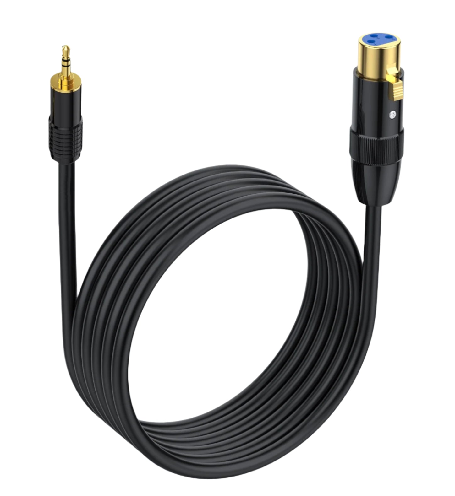 Black audio cable with gold connectors on a white background