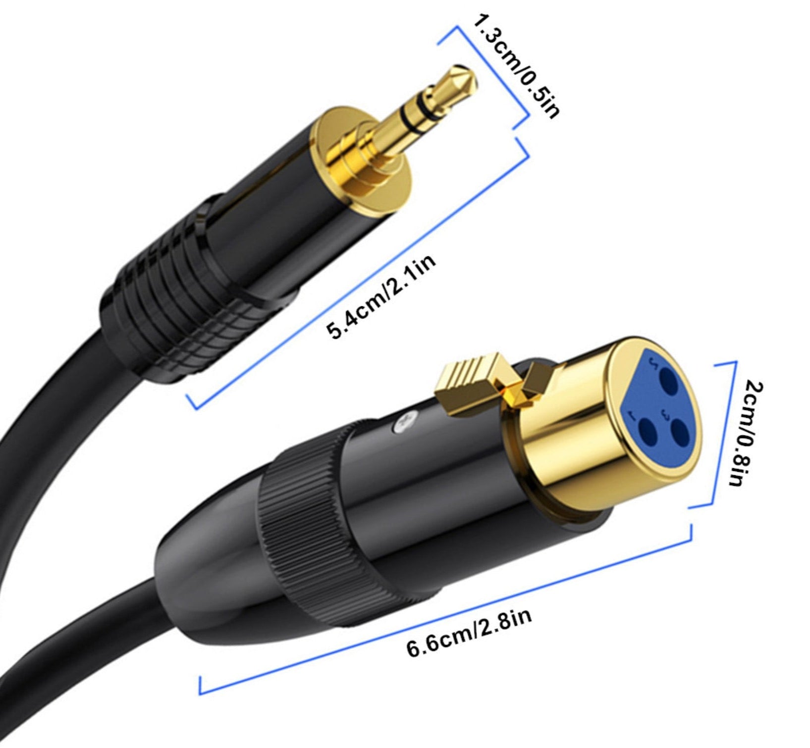 Audio cable with 3.5mm plug and XLR female connector, showing dimensions.