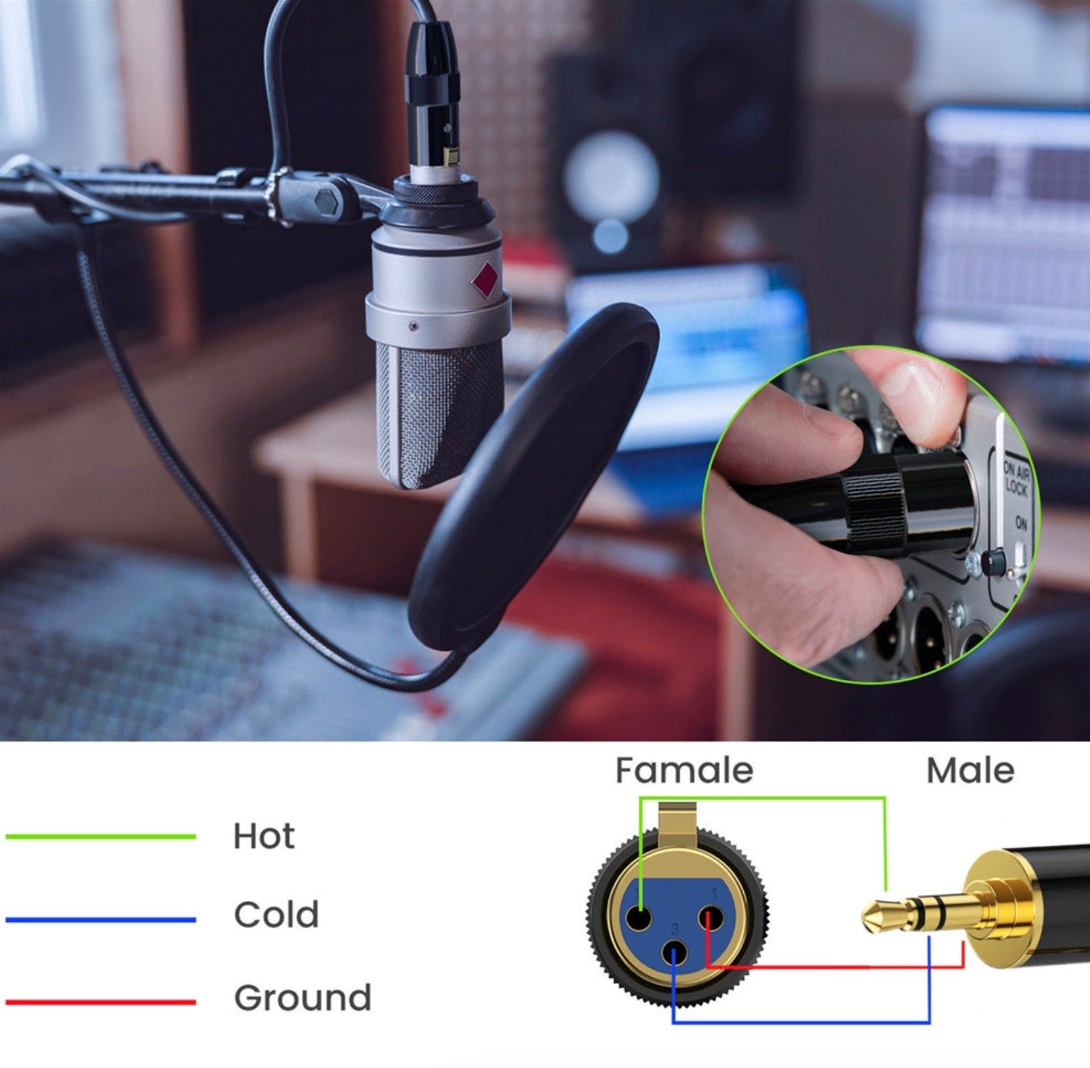 3.5mm jack to XLR 3 pin female connector close up