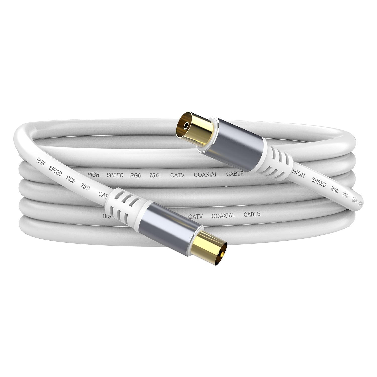 A white coaxial extension lead with male to female connectors, designed for TV aerial cable use.