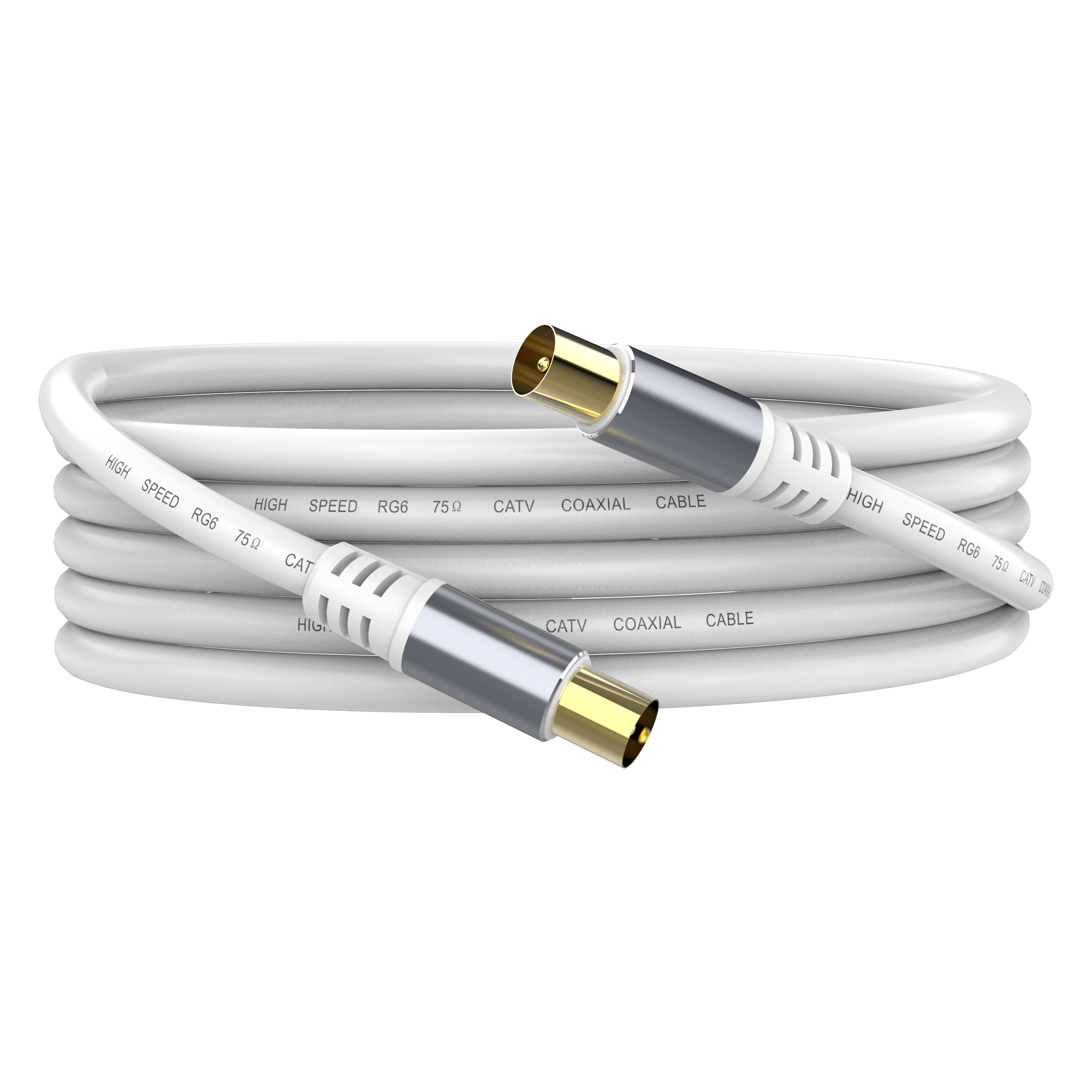 A white coaxial extension lead with male to male connectors and text indicating high-speed boosted transmission signal and shielding.