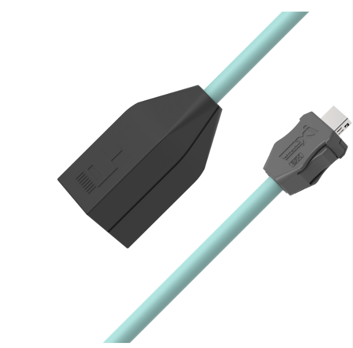 Teal ix Industrial CAT6A Ethernet cable with IX B-Key male to RJ45 female connector