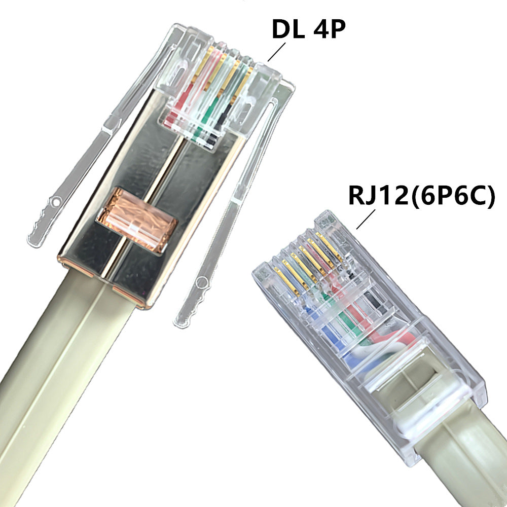 Close-up of an RJ12 (6P6C) telephone cable connector with labeled parts on a white background.