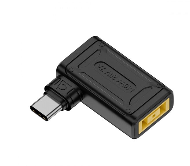 A black rectangular jack to USB-C male PD charging adapter with an angled connection.