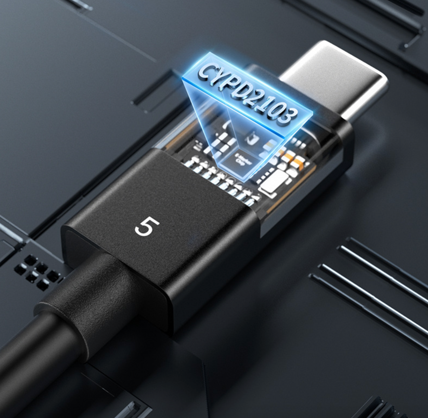 Close-up of a USB-C cable connector with a clear plastic cover showing electronic components.