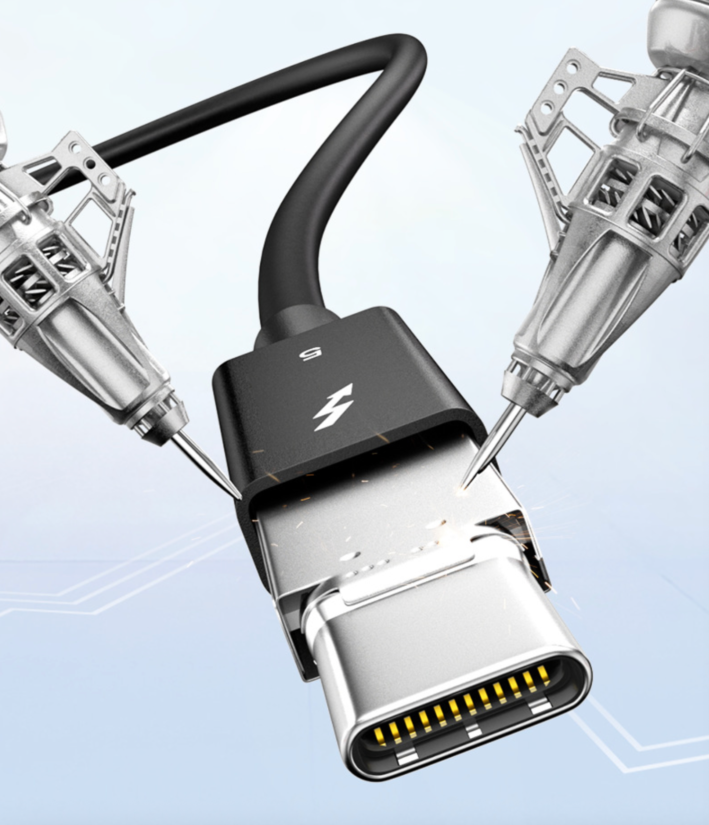 Black and silver USB-C cable with connectors on a light blue background