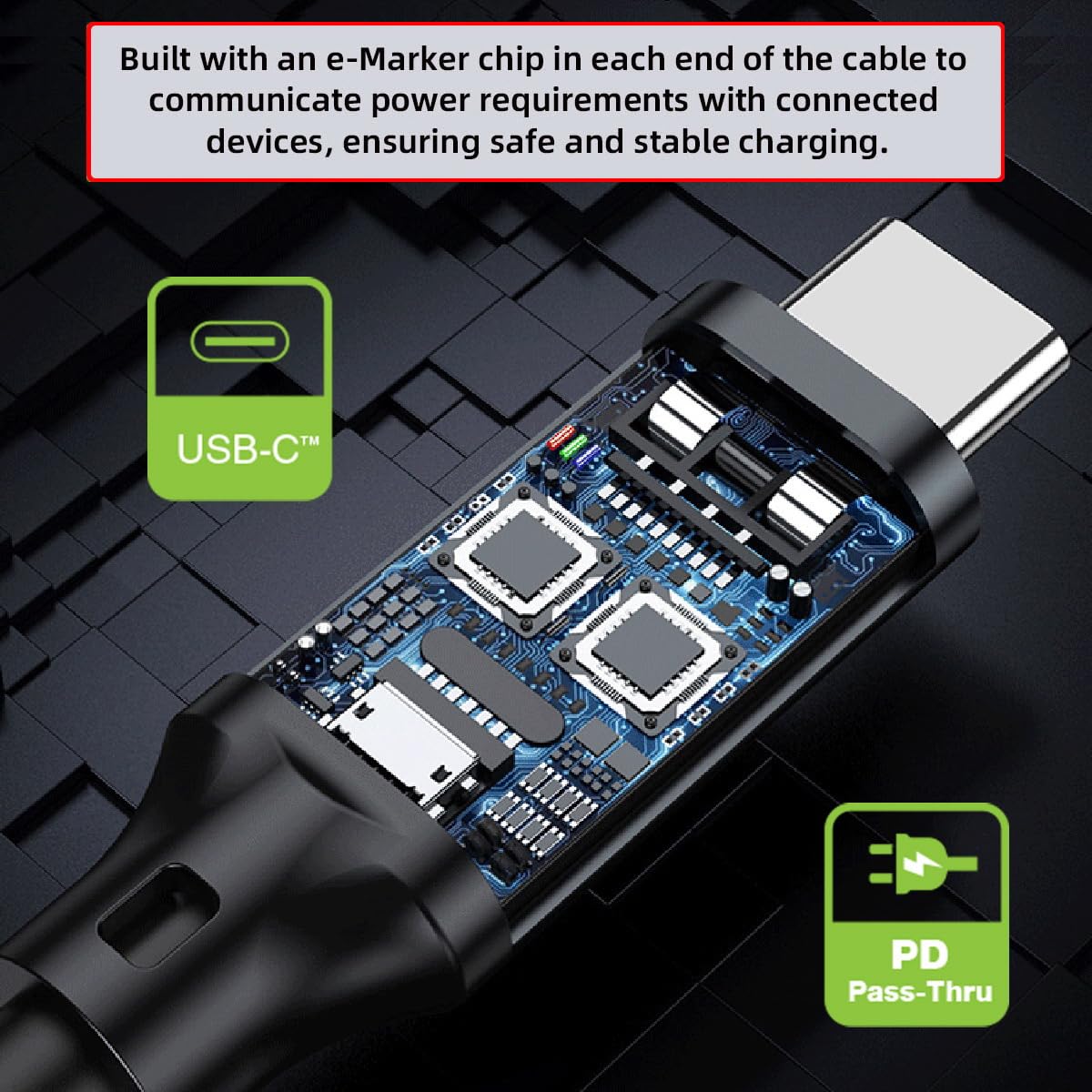 Close-up of a USB-C cable with electronic components on a dark background