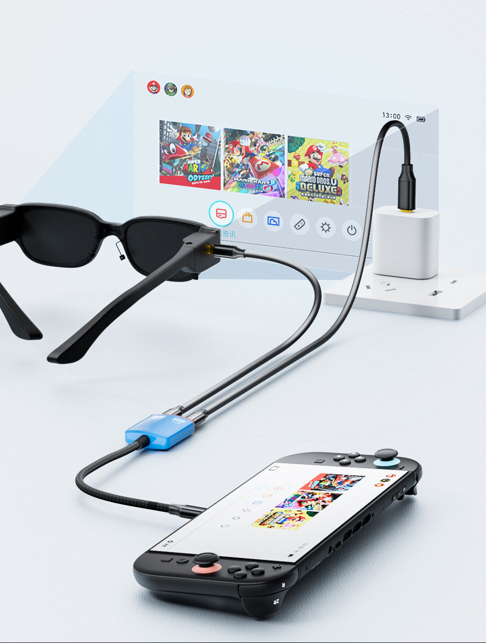 AR glasses connected to a handheld device with a screen displaying colorful graphics on a white background.