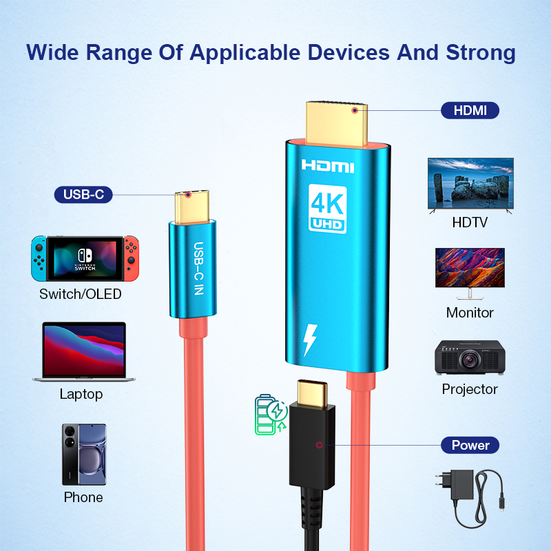 USB-C to HDMI Adapter 4K 30Hz with 60W PD Fast Charging – 2m Type-C Power & Audio Video Cable