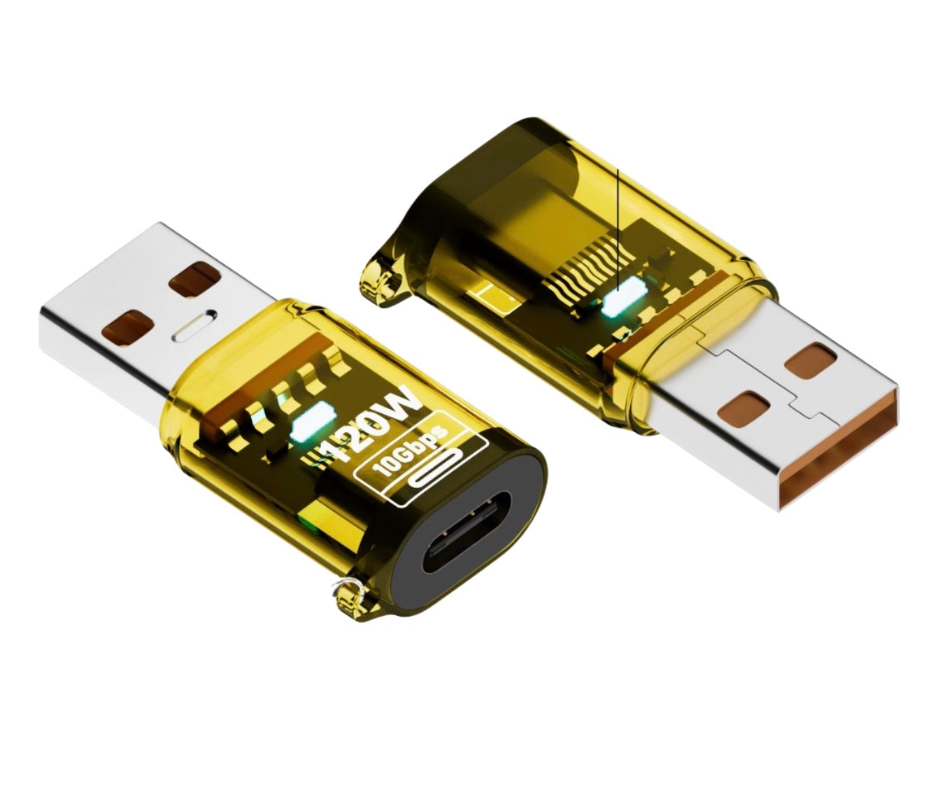 A USB C extension adapter with USB A Male to USB C Female connection, available in multiple colors including black, blue, yellow, and transparent.