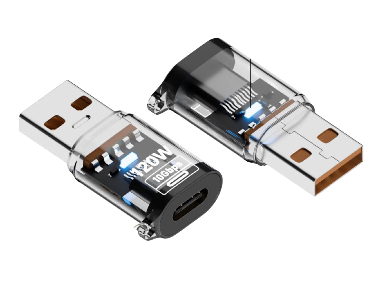 A USB C extension adapter with USB A Male to USB C Female connection, available in multiple colors including black, blue, yellow, and transparent.