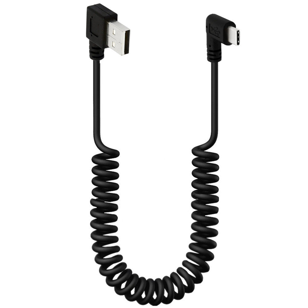 A black coiled USB 2.0 Type A to USB C cable with left angle male connectors on both ends.