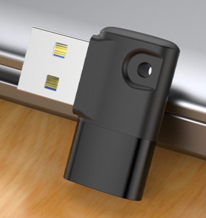 Compact USB 3.0 to USB-C female adapter with keychain attachment