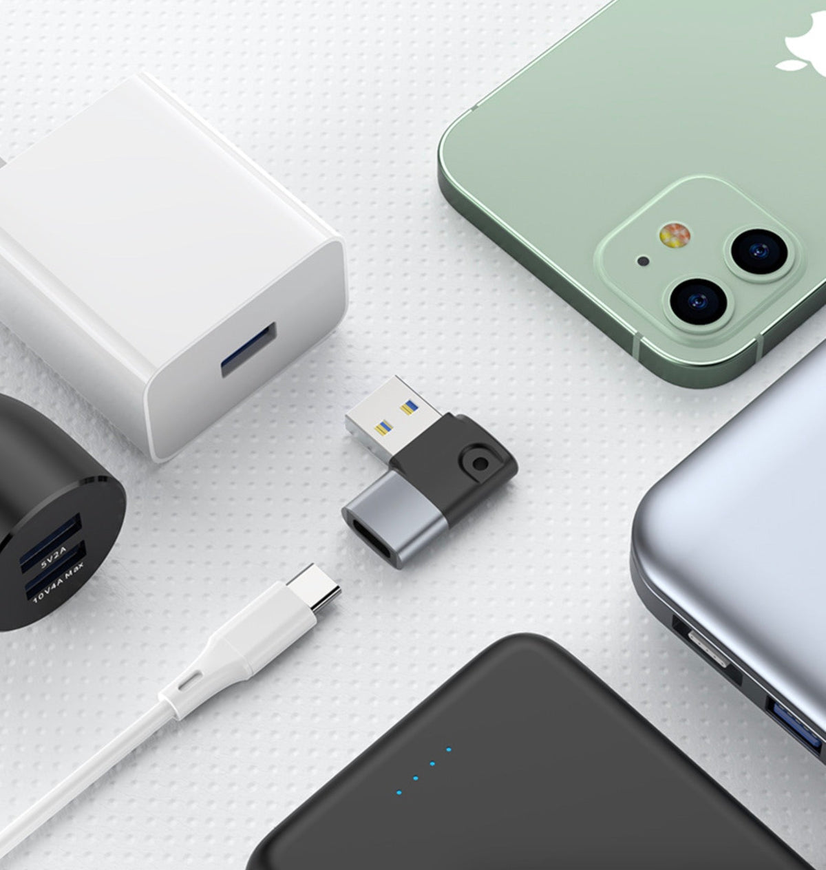 Right-angle USB-A to USB-C OTG adapter for data transfer and charging