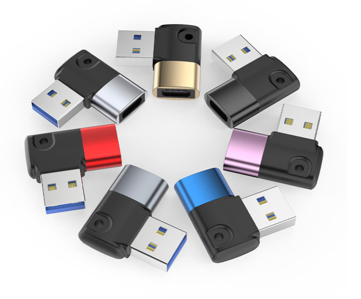 Right-angle USB-A to USB-C OTG adapter for data transfer and charging