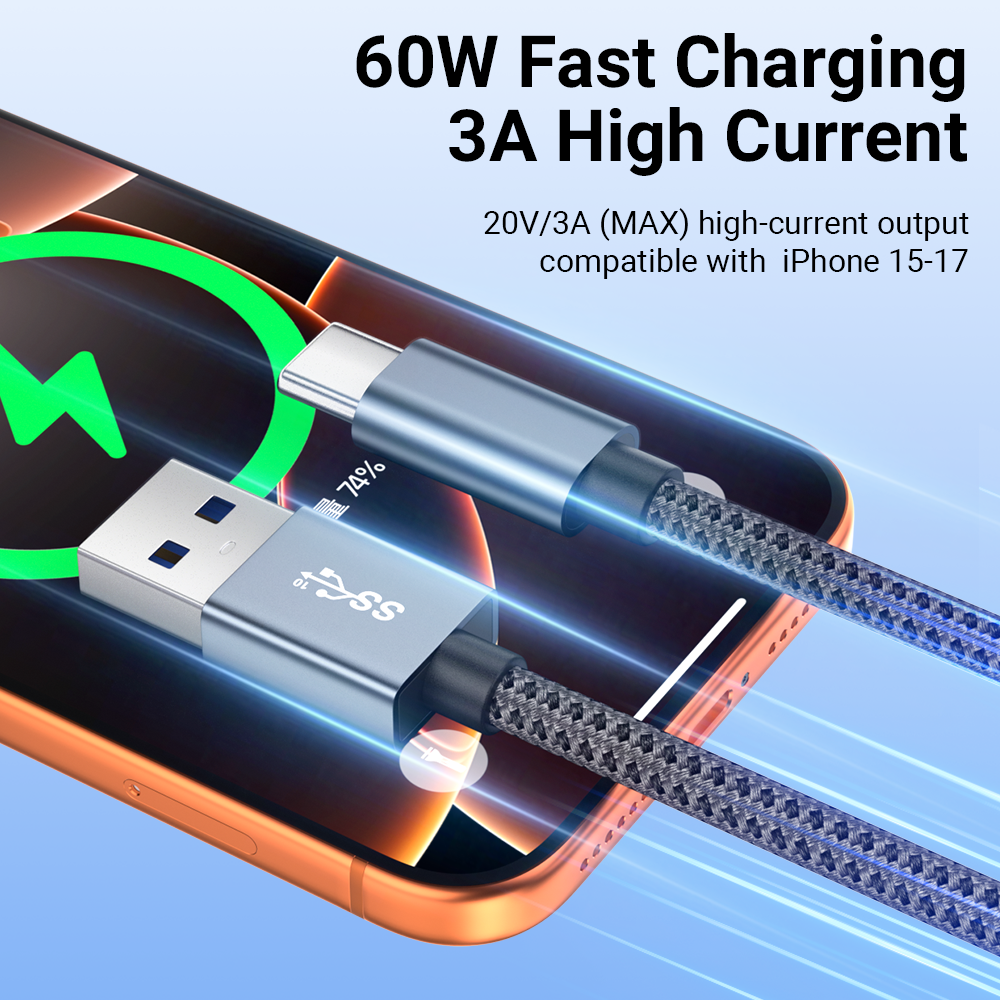 USB-A to USB C braided cable with aluminium alloy connectors