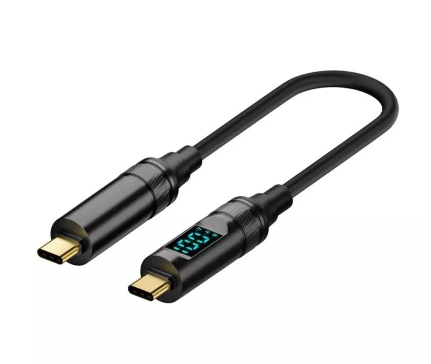 A black USB-C male to male OTG data cable with a blue indicator light on one of the connectors.