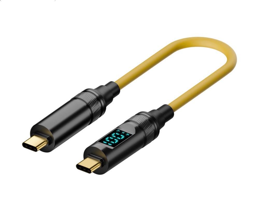 A yellow USB-C to USB-C cable with a PD (Power Delivery) feature, showing male connectors on both ends.