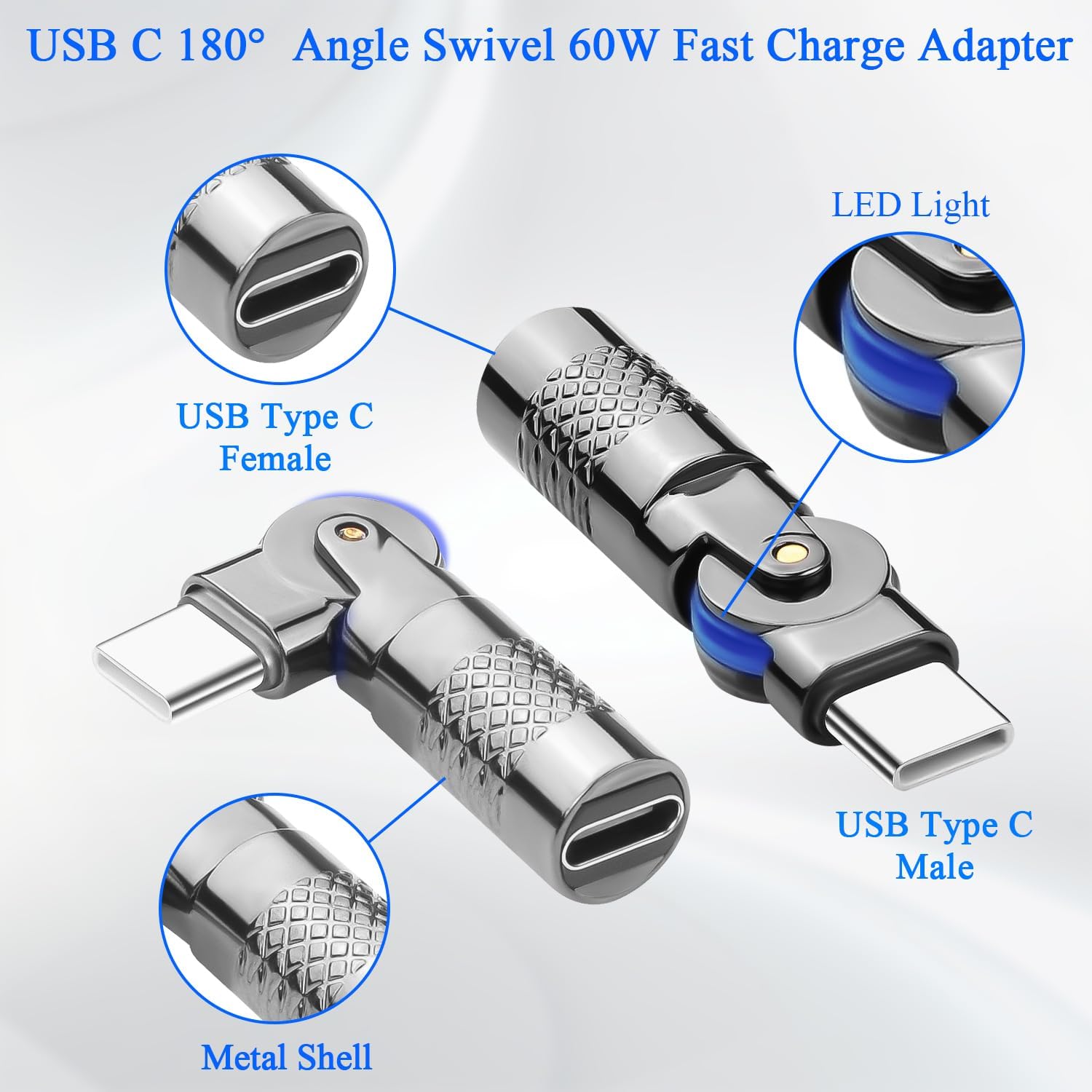 USB C 180° Angle Swivel 60W Fast Charge Adapter with detailed features on a light gray background