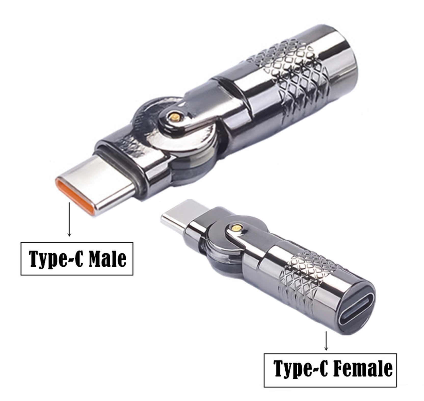 Two USB connectors, one labeled 'Type-C Male' and the other 'Type-C Female', on a white background.