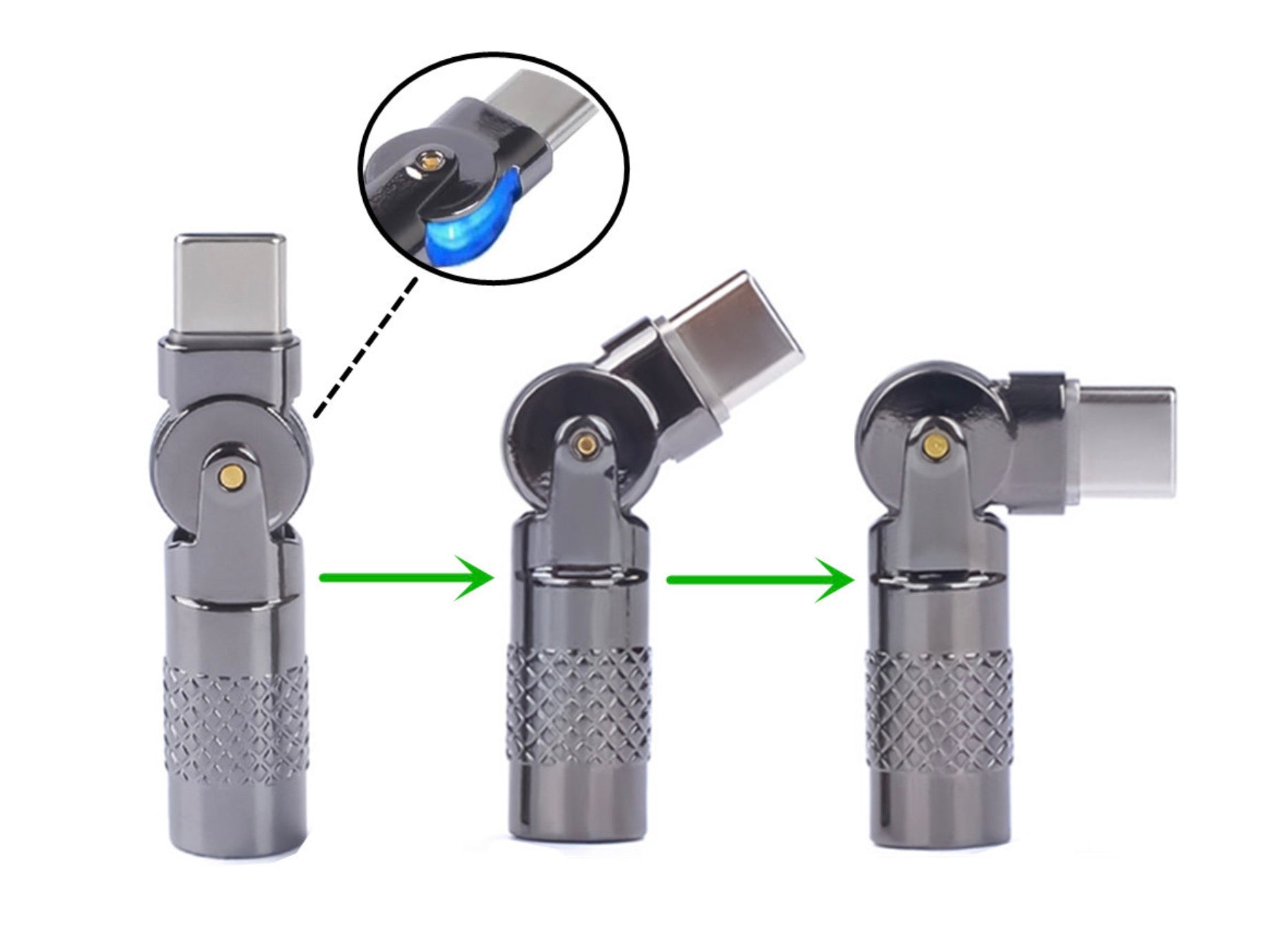 USB C 180 degree angled swivel adapter with rotatable Type C male to female charging connector