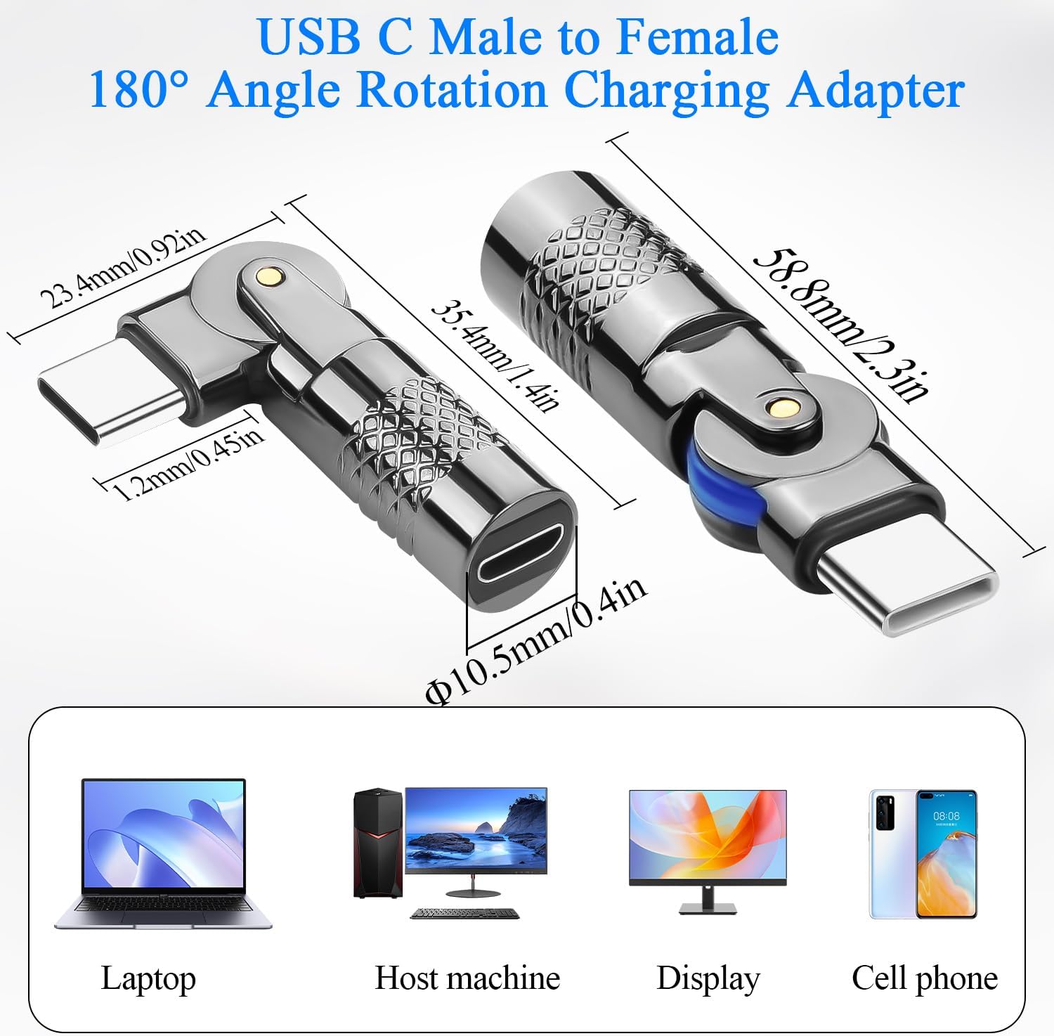 USB C Male to Female 180° Angle Rotation Charging Adapter with dimensions and compatibility icons.