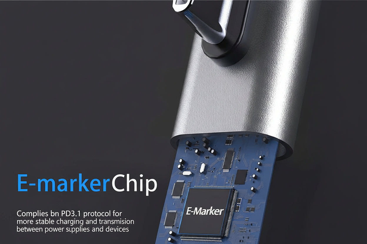 Electronic device with E-marker chip on a dark background