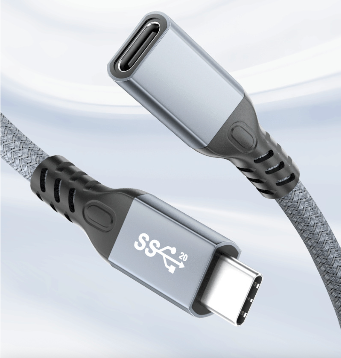 Braided USB-C 3.2 extension cable male to female supporting 20Gbps and 100W PD