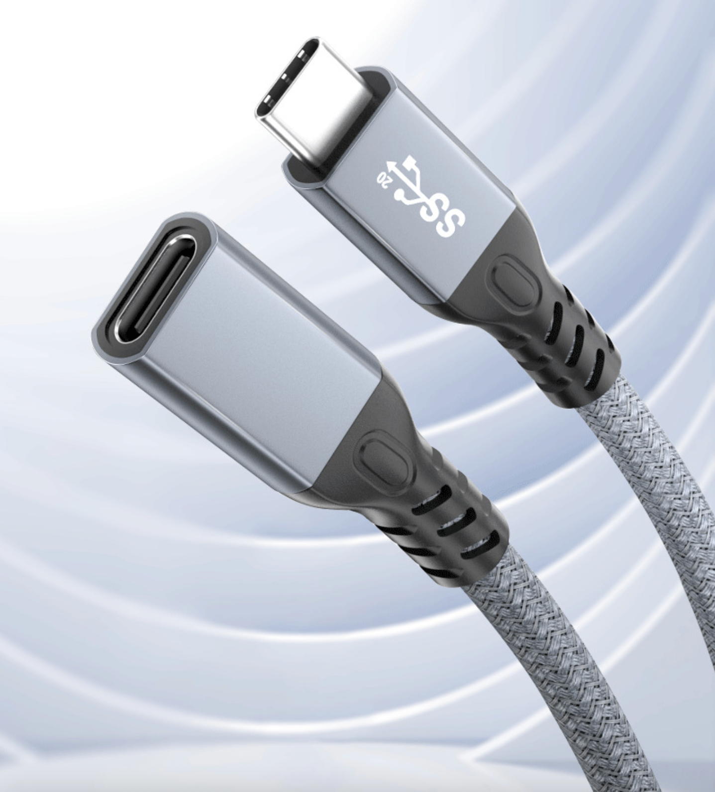 Braided USB-C 3.2 extension cable male to female supporting 20Gbps and 100W PD