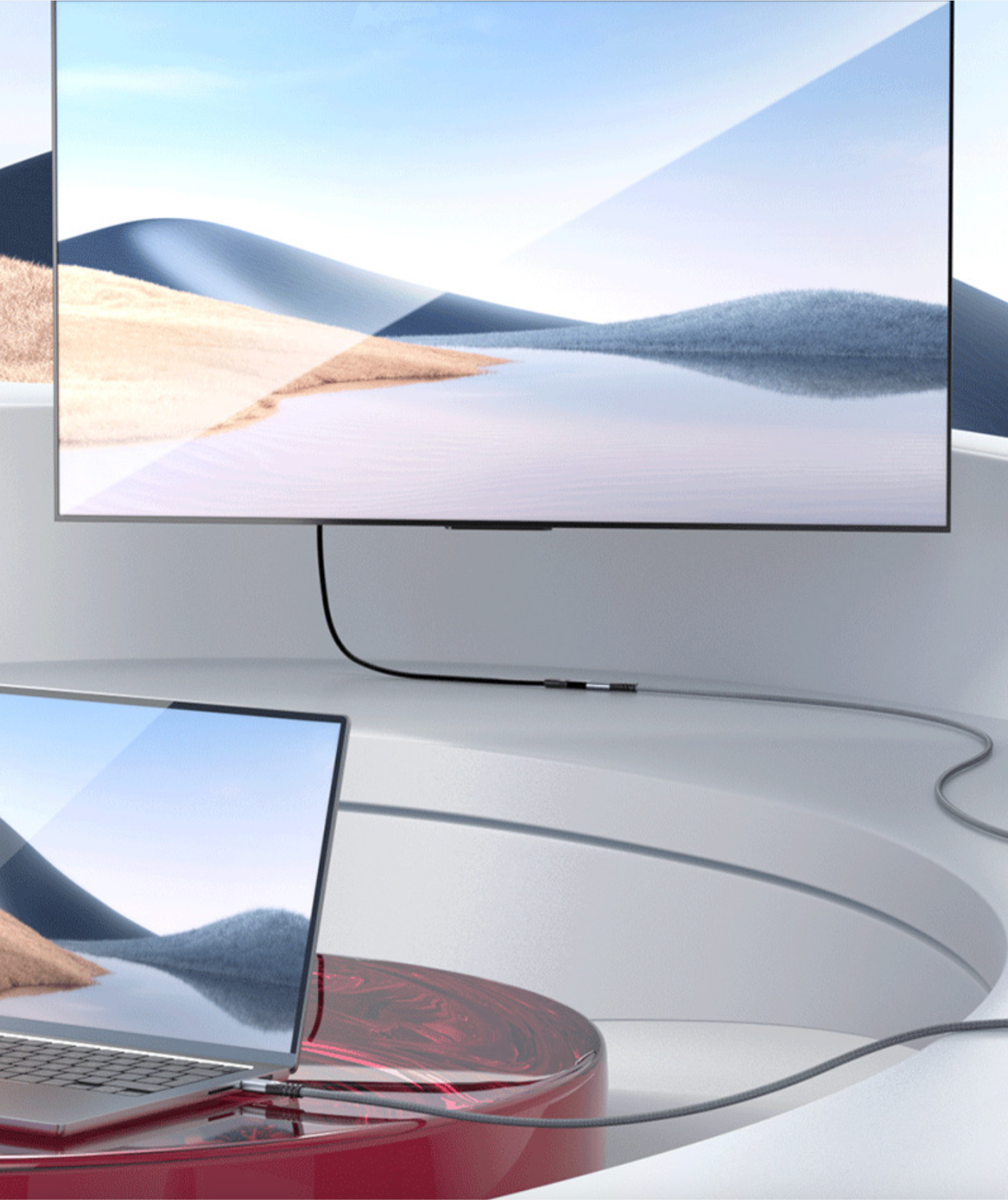 Smartphone, tablet, and laptop displaying a mountainous landscape on their screens.