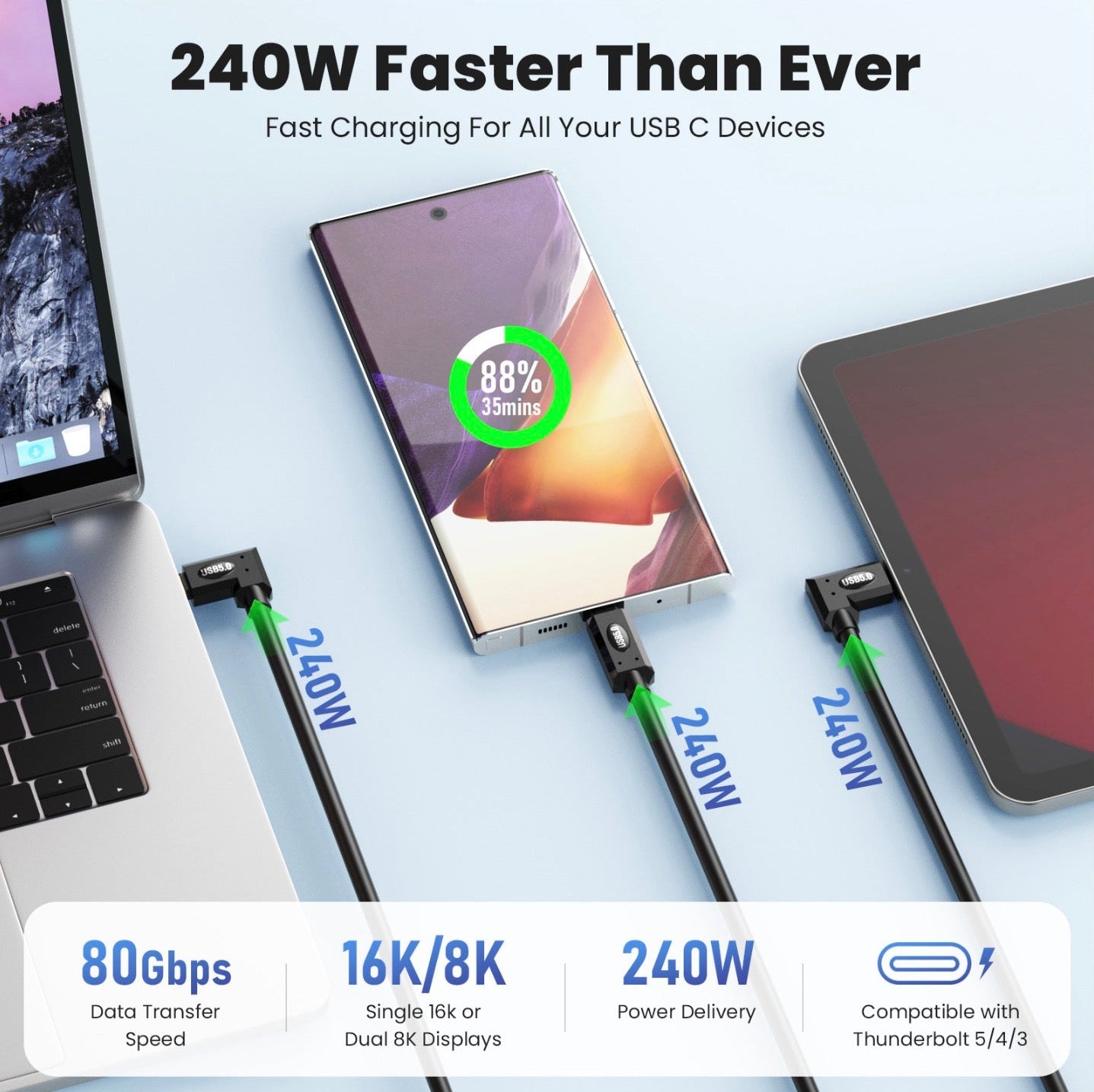 Fast charging setup with smartphone, tablet, and laptop connected to a charging cable on a light blue background.