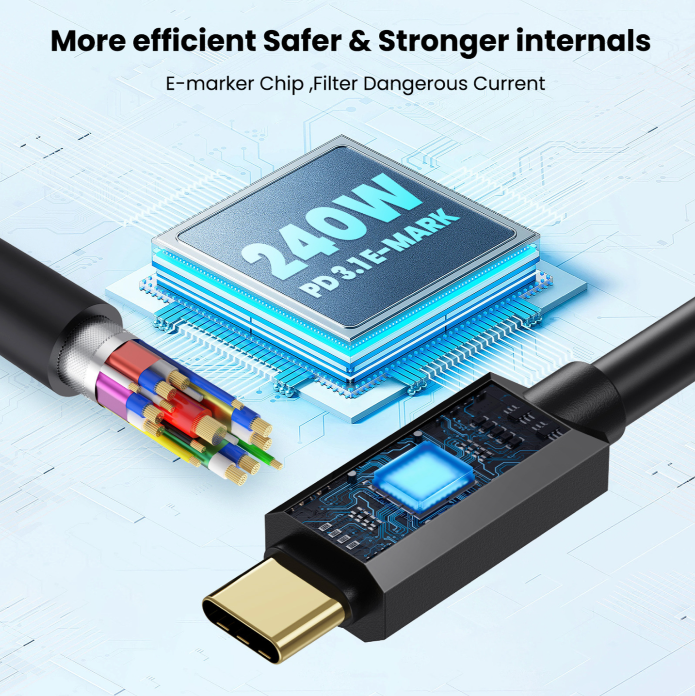 Electronic cable with a chip labeled '240W' on a technical background