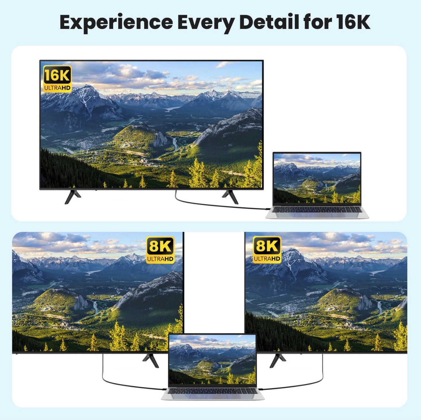 Television and laptop displaying mountain landscape with 16K and 8K Ultra HD labels.