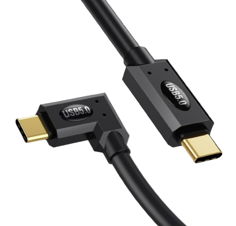 Right-angle USB-C cable with gold connectors on a white background