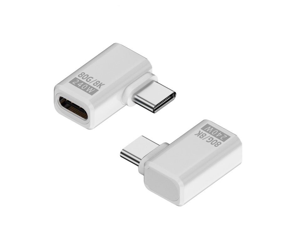 A black USB C angled adapter with a reversible design, featuring a USB 4.0 Male to Female connector.