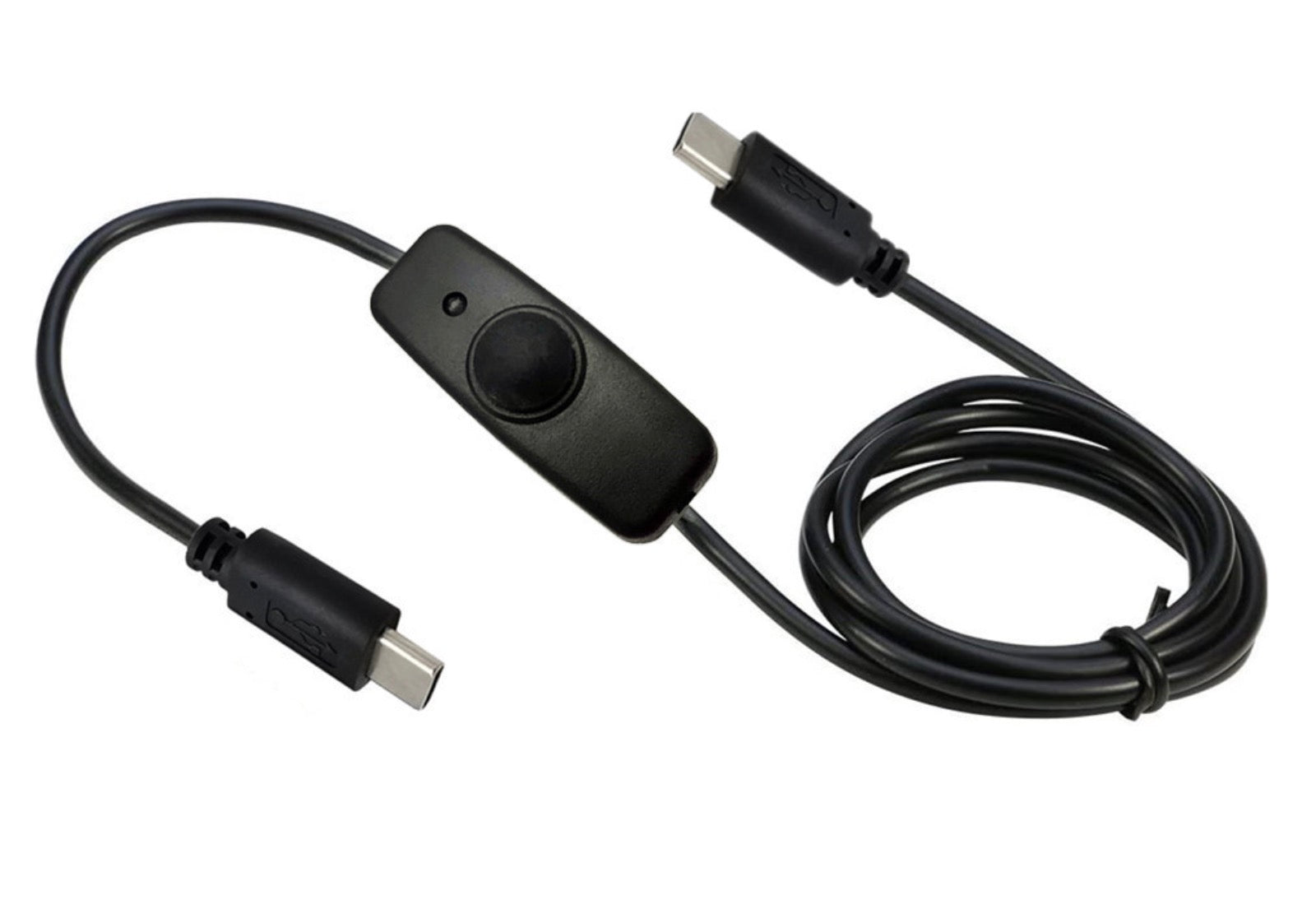 A black USB C to USB C power charging cable with an on/off switch.