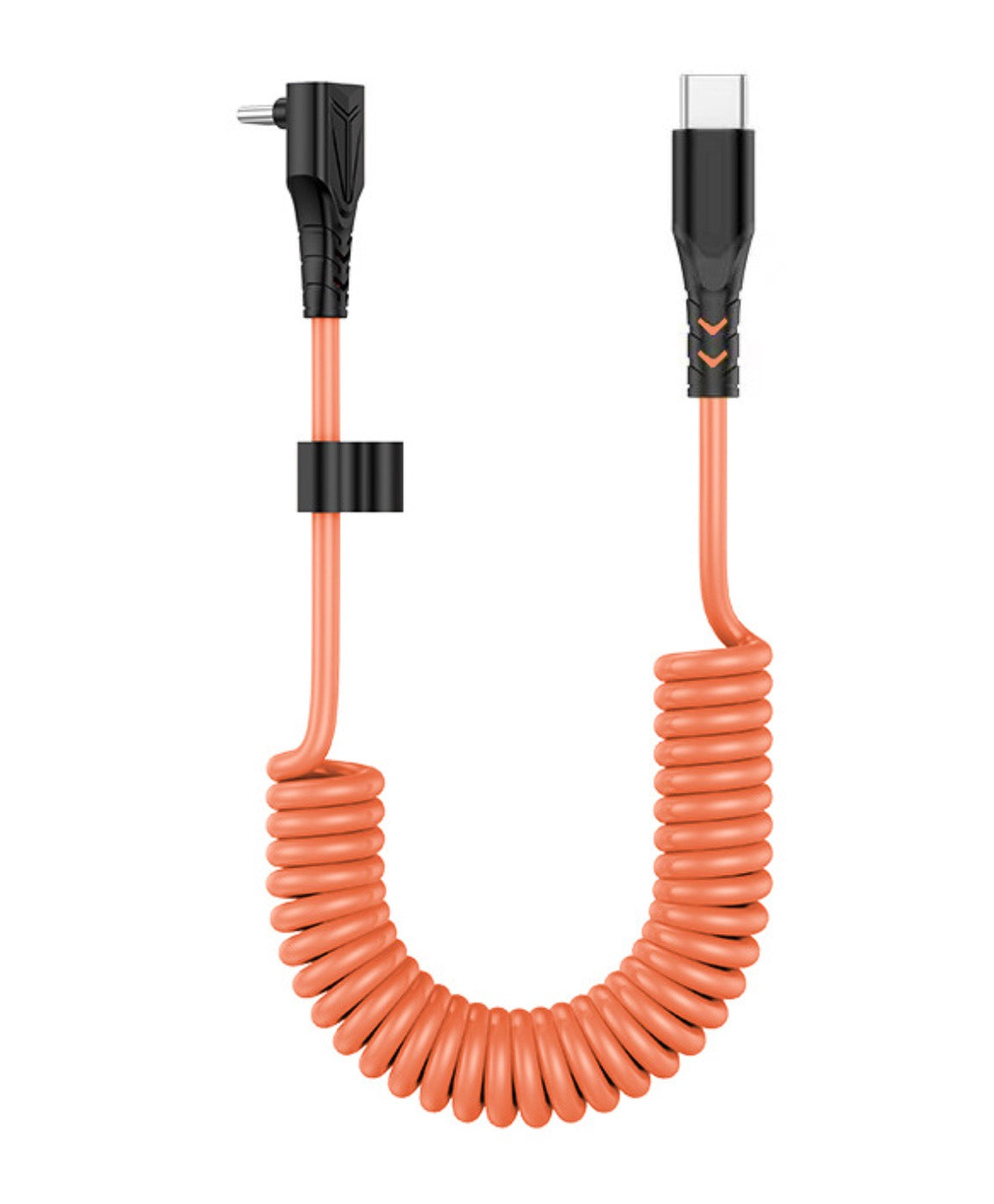 An orange coiled USB-C to USB-C charging cable with black connectors.