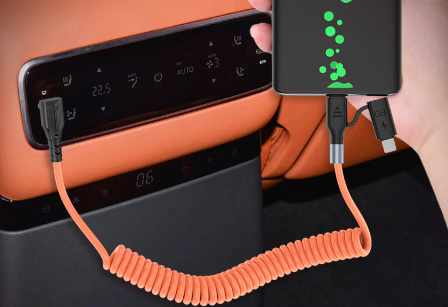 Orange USB-C male to USB-C male coiled PD charging cable with extendable spiral design