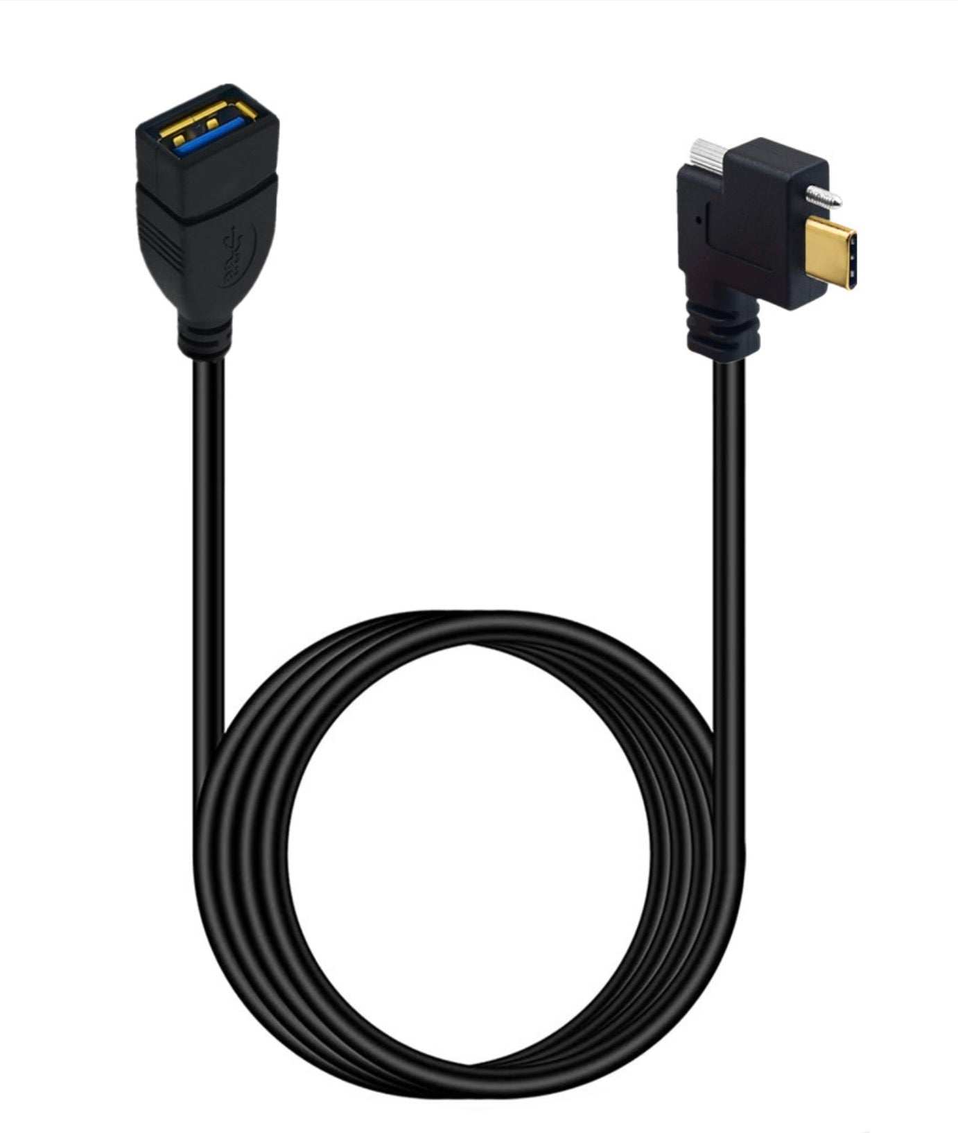 USB-C dual screw locking right-angle connector to USB 3.0 Type-A female OTG extension cable