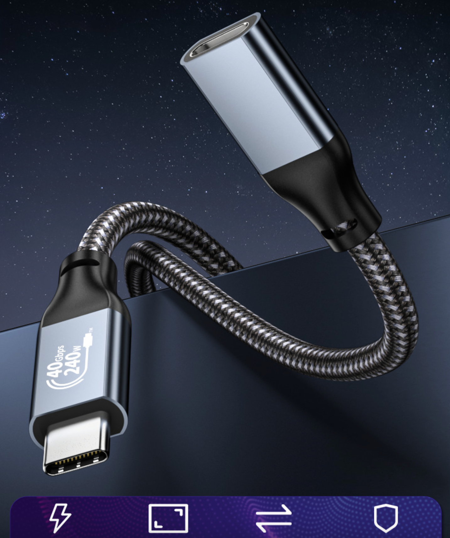 Flexible USB-C cable with two connectors on a dark background