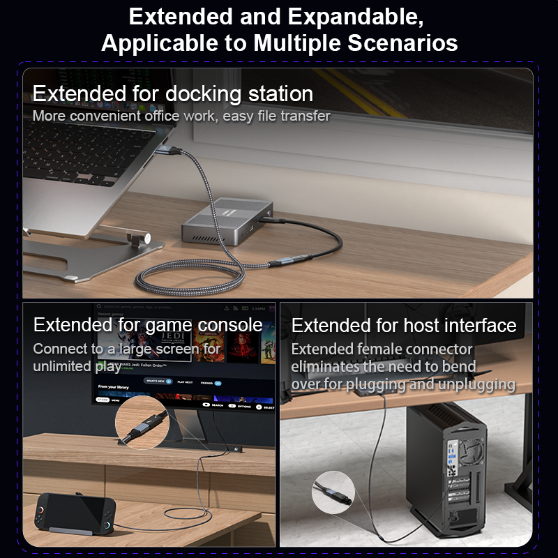 Cable extension used for docking station, game console, and host interface on a desk.